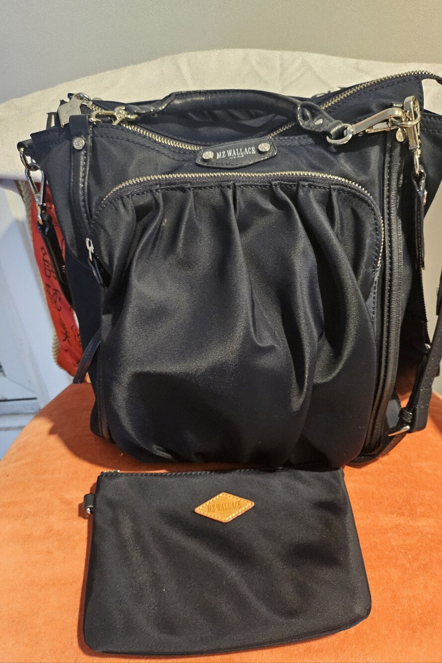 MZ Wallace Black Quilted Shoulder Bag with Matching Black Pouch